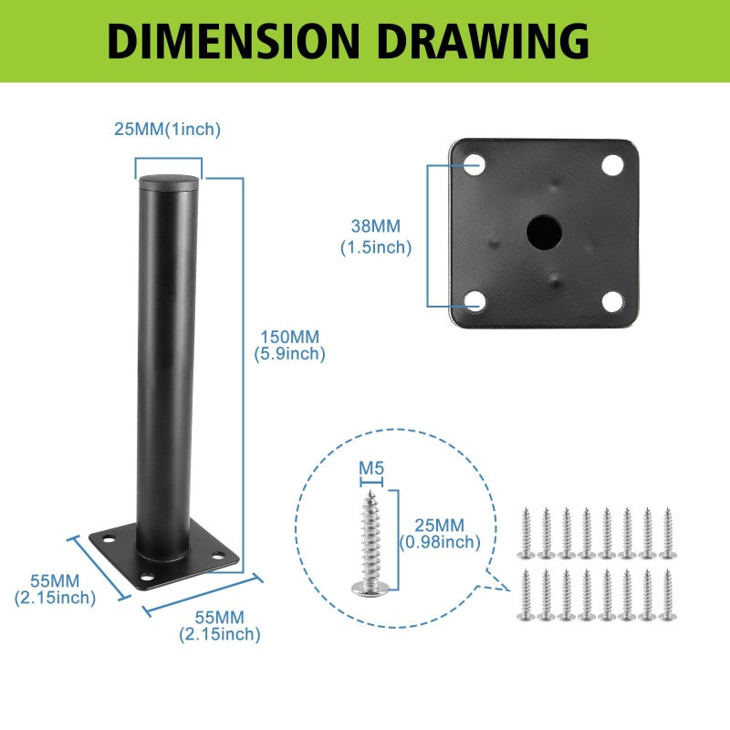 Masendelk Black Furniture Legs 6 Inch / 150mm, 4pcs Modern Sofa Legs Round Cabinet Legs, Heavy Duty Metal Legs with Mounting Screw for DIY Couch TV Cabinet Dresser Desk Risers - Image 4